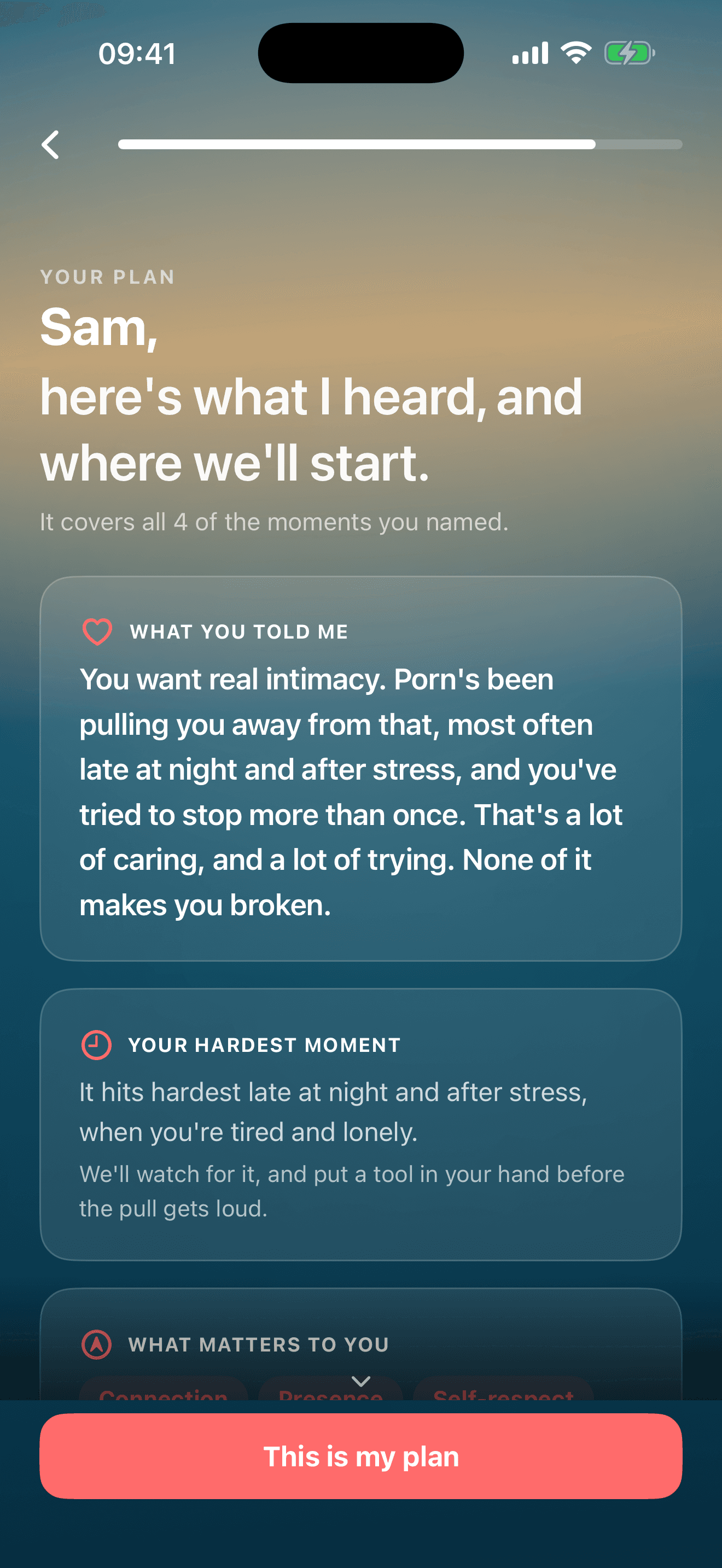 A personalised plan that mirrors your answers back and names your pattern.